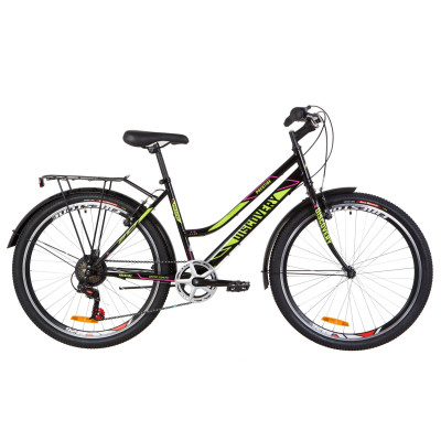 Велосипед 26" Discovery PRESTIGE WOMAN 14G Vbr St з багажником зад St, з крилом St 2019 (чорно-салатовий з малиновим)