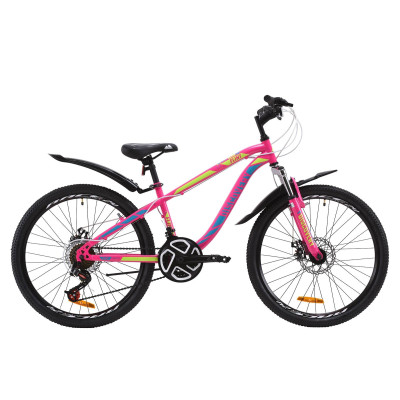 Велосипед ST 24" Discovery FLINT AM DD с крылом Pl 2020 (малиново-голубой с желтым) 